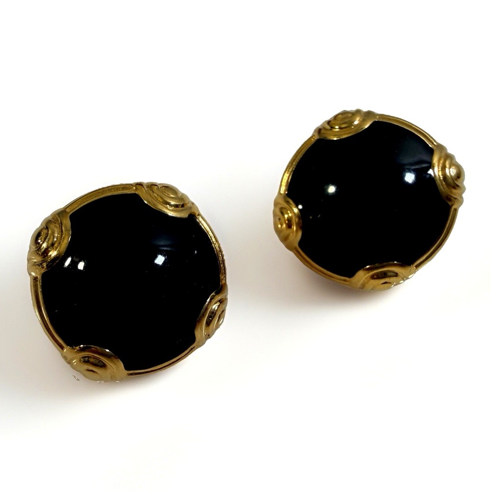 Vintage Swarovski Earrings Black Glass Cabochon Gold Tone Pierced .75"